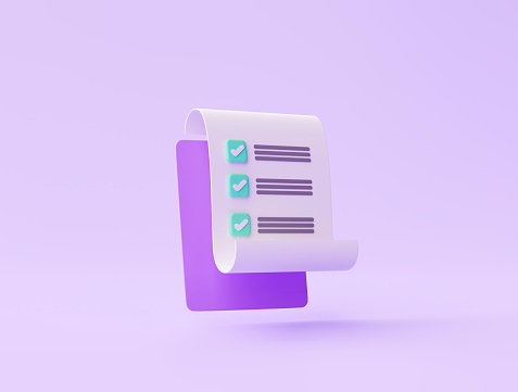 Clipboard with checklist paper note icon or symbol on Purple background 3d rendering