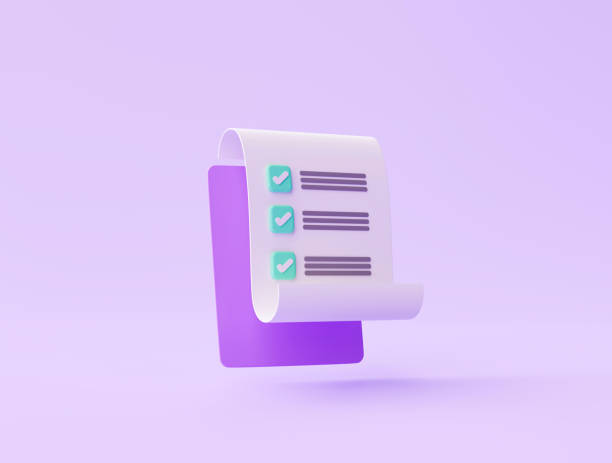 clipboard with checklist paper note icon or symbol on purple background 3d rendering - checkbox check mark checklist clipboard imagens e fotografias de stock