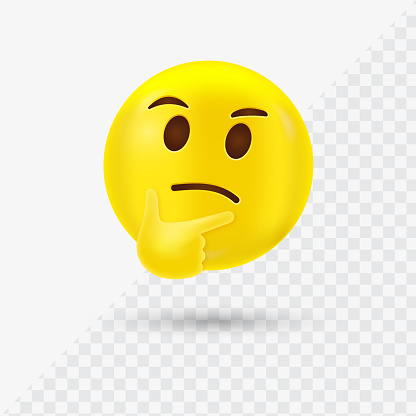 3d Thinking Emoji Face, Thinker emoticon with furrowed eyebrows looking upwards with thumb and index finger resting on its chin