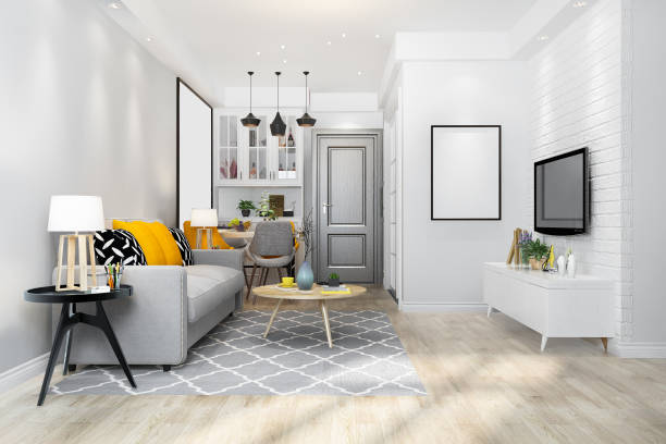 istock 3d rendering loft luxury living room with shelf near dining table counter 1391709799