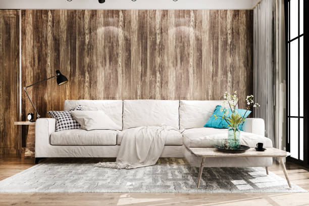 istock 3d rendering wood wall in living room with sofa near window 1391709802