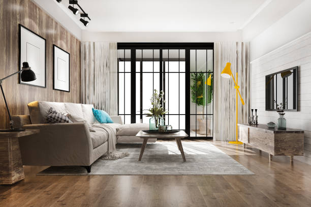 istock 3d rendering loft luxury living room with bookshelf 1391709803