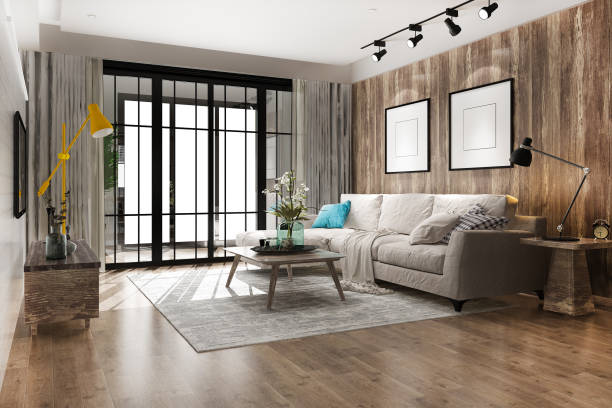 istock 3d rendering loft luxury living room with bookshelf 1391709805