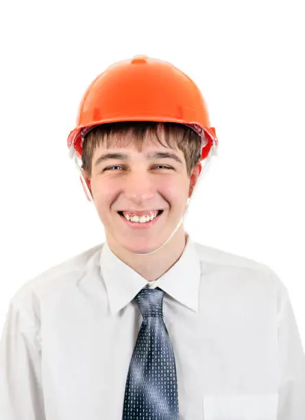 Portrait of Young Man in Hard Hat. Isolated on the White Background