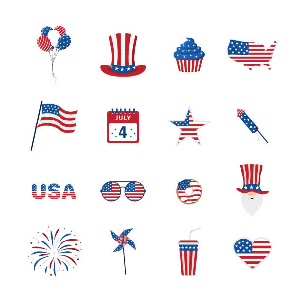 Set of icons for Independence Day of USA. Holiday elements for 4th of July celebration. National Freedom Day. Vector illustration in cartoon style Set of icons for Independence Day of USA. Holiday elements for 4th of July celebration. National Freedom Day. Vector illustration in cartoon style. blue clipart stock illustrations