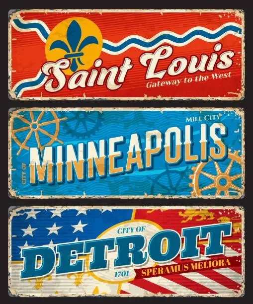 Vector illustration of Detroit, Minneapolis and Saint Louis city plates