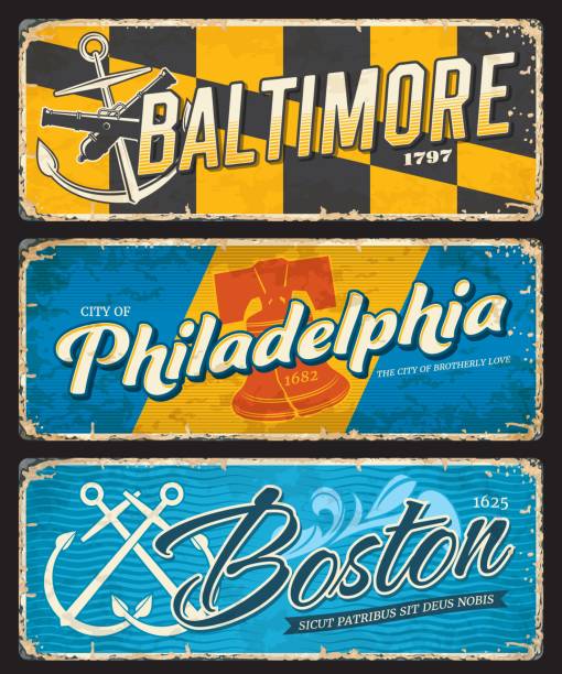 Boston, Baltimore and Philadelphia cities plates Boston, Baltimore and Philadelphia american cities plates and travel stickers. United States of America city retro postcard, grunge tin sign or USA voyage vector sticker with anchors, Liberty Bell philadelphia stock illustrations