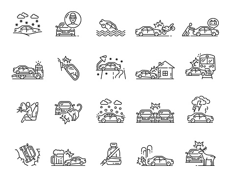 Car crash line icons of accident, damage, collision, failure, obstacle and disaster vector signs. Auto insurance isolated symbols with road traffic vehicle, broken automobiles and motorcycle