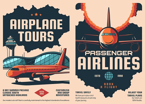 Aviation and airplane retro posters, air plane tours and travel flights with airlines. Vector vintage posters of air tourism and passenger airlines or airplane tickets booking with airport aircrafts