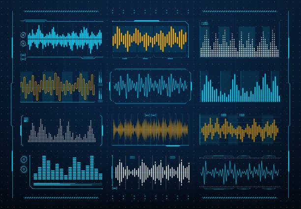 Sound waves frequency, audio music voice equalizer Sound waves frequency, audio music digital equalizer, vector HUD interface. Voice soundwave or radio signal line waveform and recorder or music player volume level with waves of sound on scale pulse orlando night club & ultra lounge stock illustrations