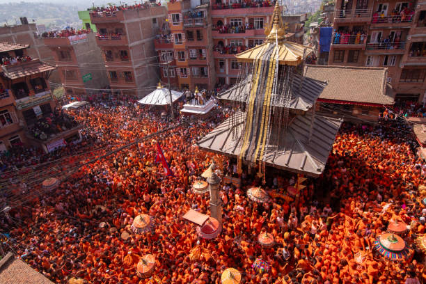 Sindoor Jatra, Bisket Jatra festival in Thimi April 16th, 2022. Madhyapur, Thimi, Nepal. Locals from Thimi celebrating Sindoor Jatra festival. kali statue stock pictures, royalty-free photos & images