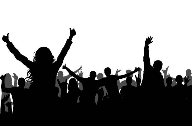 ディスコパーティー、陽気な人々の群衆、シルエット。ベクターイラストレーション - cheering arms raised women university点のイラスト素材／クリップアート素材／マンガ素材／アイコン素材