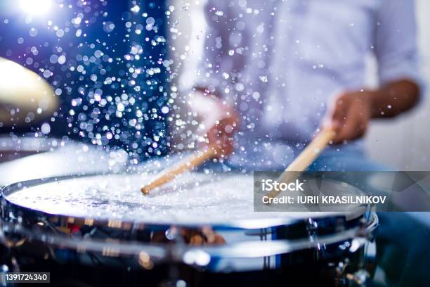 Indian Man Playing The Drums Sticks Closeup In Recording Studio Stock Photo - Download Image Now