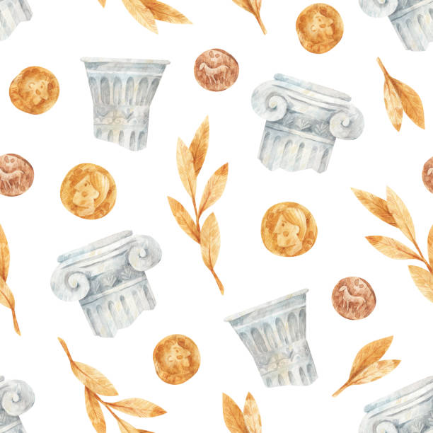 Ancient Greece seamless patter. Hand-drawn texture with antique Greek elements - coins, laurel, columns ancient coins of greece stock illustrations