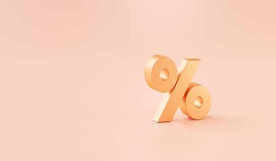 Gold percent or % special offer discount concept icon or symbol on yellow background 3d rendering