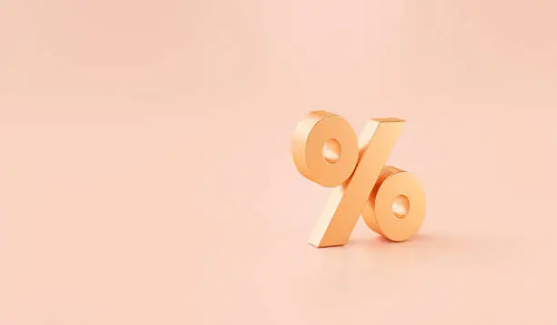 Photo of Gold percent or % special offer discount concept icon or symbol on yellow background 3d rendering