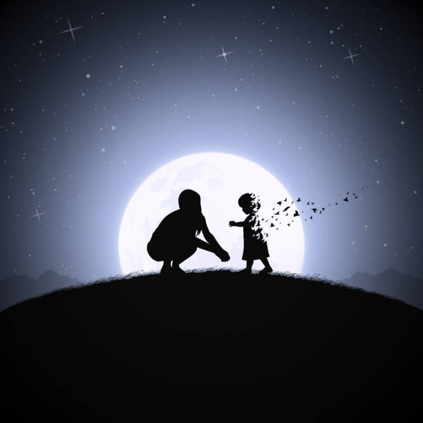 Mother and child Dying girl silhouette. Death, afterlife. Full moon after life stock illustrations