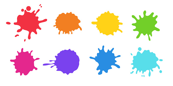Color paint splashes, ink drops and spots. Vector set of flat rainbow colored abstract stains, artistic blots of liquid paints different shapes isolated on white background