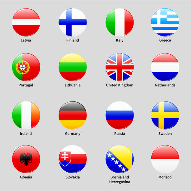 Icons with Europe countries flags Icons with Europe countries flags. Italy, Finland, UK, Greece, Latvia and Lithuania national symbols. Vector set of glossy round buttons with flags of Portugal, Ireland, Germany, Russia, Sweden slovak language stock illustrations