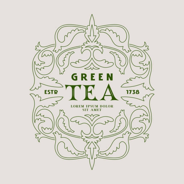 Template decorative label for green tea Template decorative label for green tea. Design with floral ornament in thin line style. Vector illustration. Green print on white background dried tea leaves stock illustrations