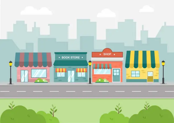 Vector illustration of City landscape with buildings and shops. Cityscape flat design.