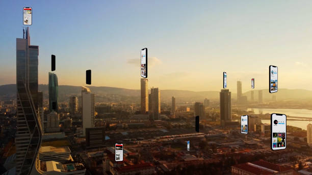 istock Connected aerial city with several interfaces. Futuristic concept. Augmented reality over Izmir 1391733415
