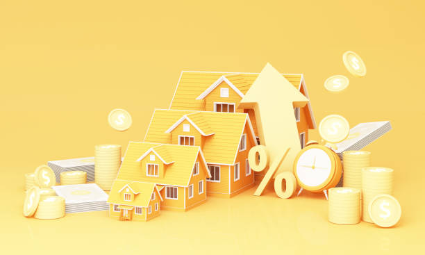大きな矢印のシンボル ホーム不動産のアイデアのためのより高い金利 金融の安定性と成長の不動産の節約と黄色の背景にテキストを入力するためのスペース、現実的な3dレンダリング。 - 住宅ローン ストックフォトと画像