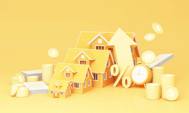 big arrow symbol Higher Interest Rates for Home Real Estate Ideas Savings on real estate of financial stability and growth and space for entering text on a yellow background, realistic 3D rendering. big arrow symbol Higher Interest Rates for Home Real Estate Ideas Savings on real estate of financial stability and growth and space for entering text on a yellow background, realistic 3D rendering. mortgage stock pictures, royalty-free photos & images