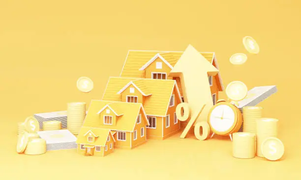 Photo of big arrow symbol Higher Interest Rates for Home Real Estate Ideas Savings on real estate of financial stability and growth and space for entering text on a yellow background, realistic 3D rendering.