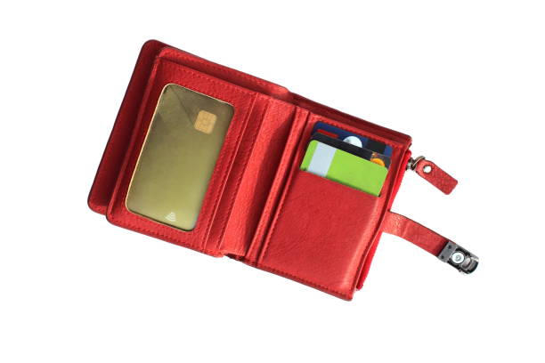 istock Open red wallet with plastic cards in pockets 1391736620