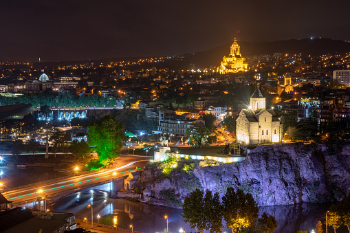 Tbilisi, Georgia - 08 October, 2021: Night view of Tbilisi with Sameba, Trinity Church and other landmarks. Beautiful Place to travel