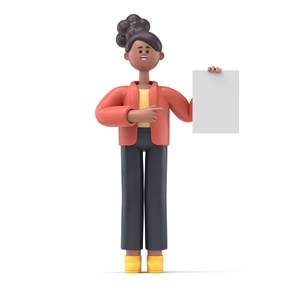 3D illustration of a smiling african american woman Coco holding white blank board. Portraits of the cartoon character stands with one hand holding the display board and the other pointing to the board, Advertising board, 3D rendering on white background.