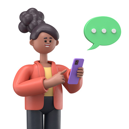 3D illustration of a smiling african american woman Coco chatting on the smartphone and speech bubble. Portraits of cartoon characters talking and typing on the phone. Communication in social networking, mobile connection. 3D rendering on white background.