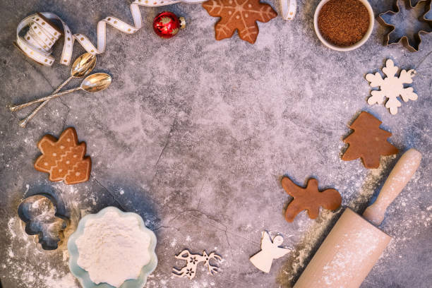 istock Top view copy space of Christmas biscuit with materials on a  kitchen worktop with molds 1391739254