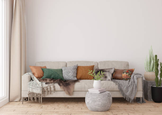 istock Empty white wall in modern living room. Mock up interior in scandinavian, boho style. Free, copy space for your picture, text, or another design. Sofa, plants. 3D rendering. 1391741239