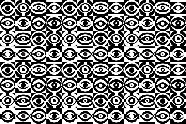 Seamless eye pattern Seamless eye pattern with repeating abstract eye illustrations in black and white colors. magic eye pattern stock illustrations
