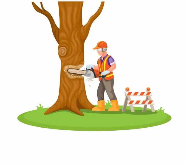 Vector illustration of Construction worker cut tree with chainsaw. tree logging activity cartoon illustration vector