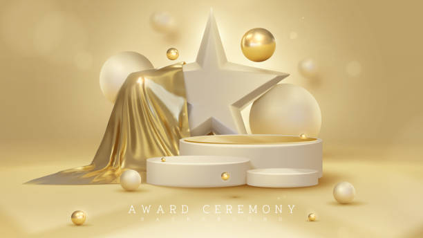 istock Product display podium with 3d star and golden cloth with ball element and blur effect with glitter light decoration and bokeh. 1391744203