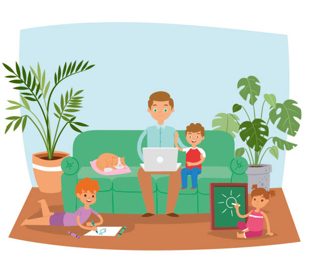 ilustrações de stock, clip art, desenhos animados e ícones de busy father working at home banner vector illustration. dad sitting on sofa in living room interior using laptop while son and daughter painting or drawing. cat sleeping on pillow. - family sofa vector illustration and painting