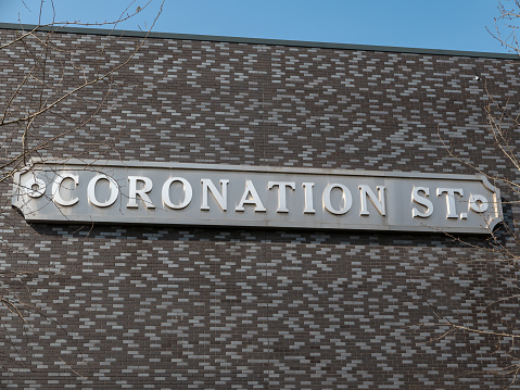 23rd March 2022: British television's ITV Coronation Street sign. Located in Manchester's Salford Quays Media City, where the popular northern soap opera, running since 1960, is now filmed. It has been the broadcasters set since 2013, with authentic Manchester exterior and interior film sets created on the site.