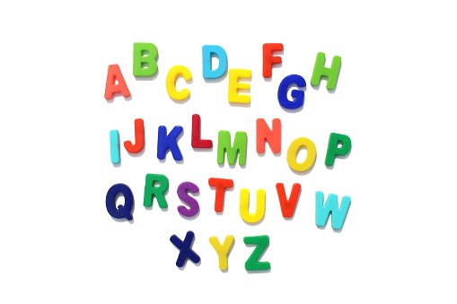The English alphabet is laid out in the correct order on a white background