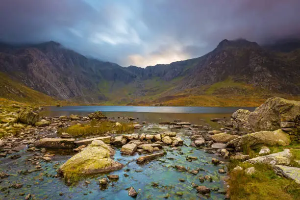 Wide angle view of sunset at Llyn Idwal, Snowdonia National Park, Wales, UK