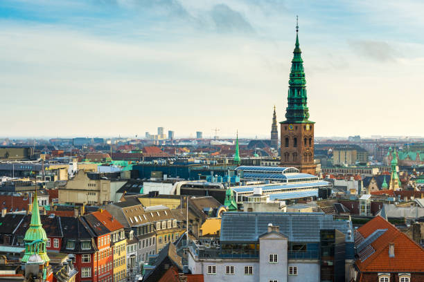 Wide angle view of the rooftops of Copenhagen, Denmark.