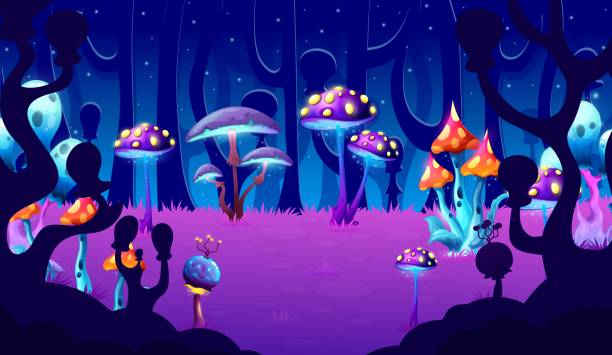 Fantasy mushrooms forest, game level landscape Fantasy alien mushrooms in forest, game level landscape or scene location. Fairy cartoon luminous mushrooms and neon sparkling toadstools on alien planet forest vector background for game alien planet stock illustrations