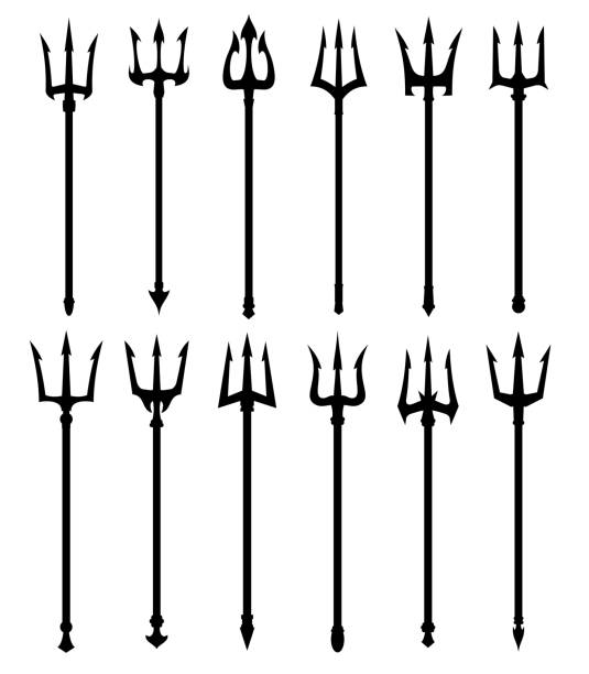 Devil trident fork, Poseidon Neptune spear weapon Devil trident fork silhouettes, Poseidon, Neptune or Triton spear weapon, vector pitchfork icons. Marin trident as nautical symbol of sea and ocean god, nautical harpoon or Zeus pitchfork neptune fork stock illustrations