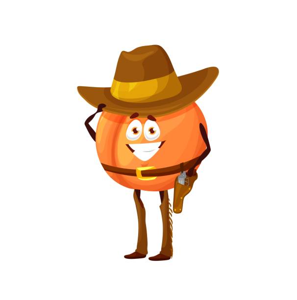 Cartoon peach cowboy character, Western, Wild West Cartoon peach cowboy character touching hat, vector Western or Wild West fruit food personage. Funny peach emoji with brown leather hat and pants or chaps with fringes, gun, holster and belt gun holster stock illustrations