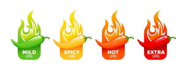 Hot spicy level labels, chili peppers, fire flames Hot spicy level labels of vector jalapeno, chili, cayenne peppers with fire flames. Spicy food or sauce taste scale indicators, green, red, yellow and orange rating signs for hot, extra and mild taste temperature gauge stock illustrations