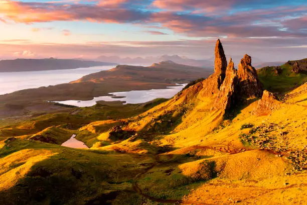 Colourful sunrise at Scotlands most iconic viewpoint; The Old Man of Storr on the Isle of Skye.