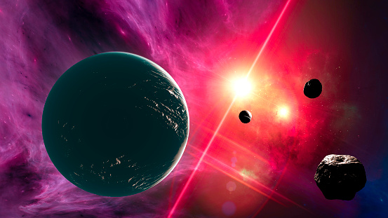 Exploration of new worlds, space and universe, new galaxies. Planets in backlight. Exoplanets. Solar systems. 3d render