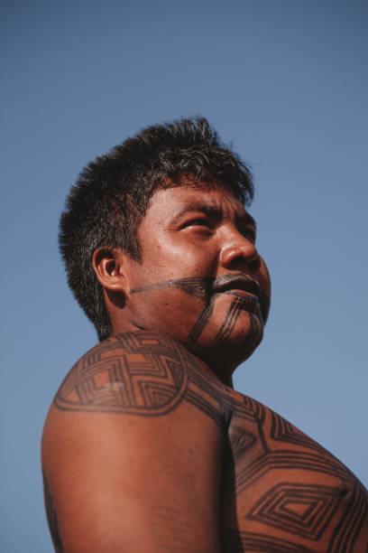 Indigenous man of the Asurini tribe of Xingu River of Baixo Amazonas in Brazil with tribal body art